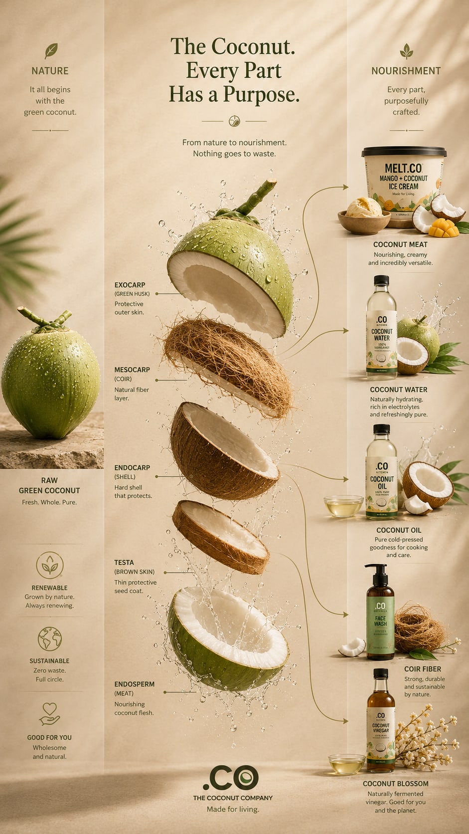 A deconstructed coconut showing how every layer becomes useful food, drink and natural materials