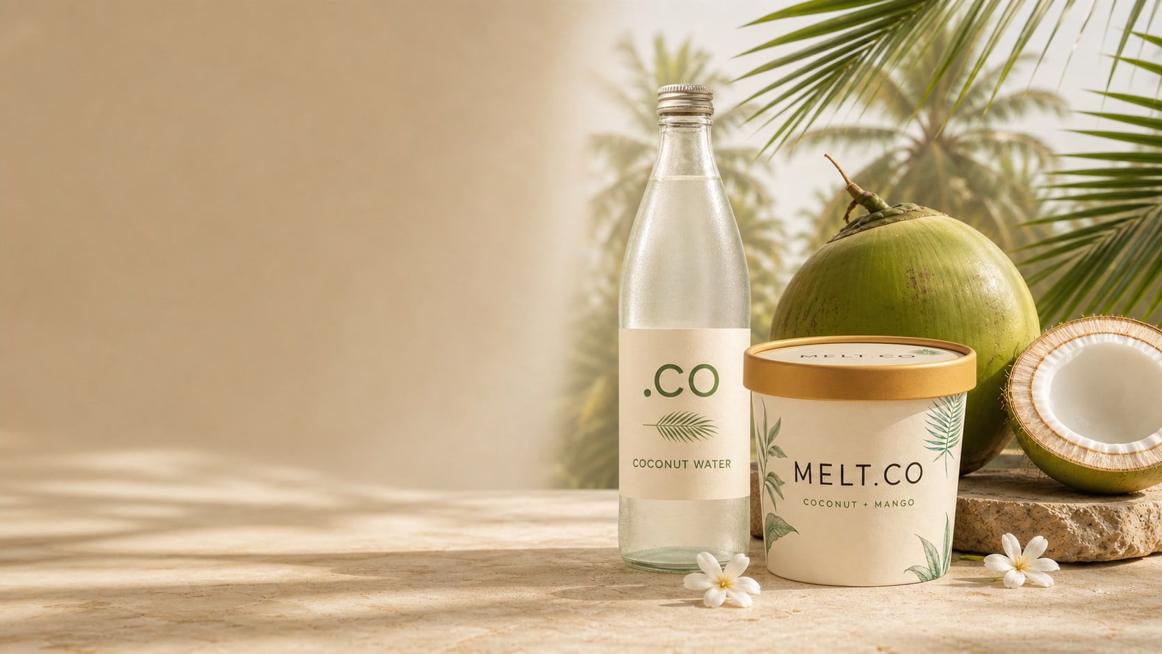 .CO Coconut Water and Melt.CO mango coconut ice cream on travertine with fresh coconuts