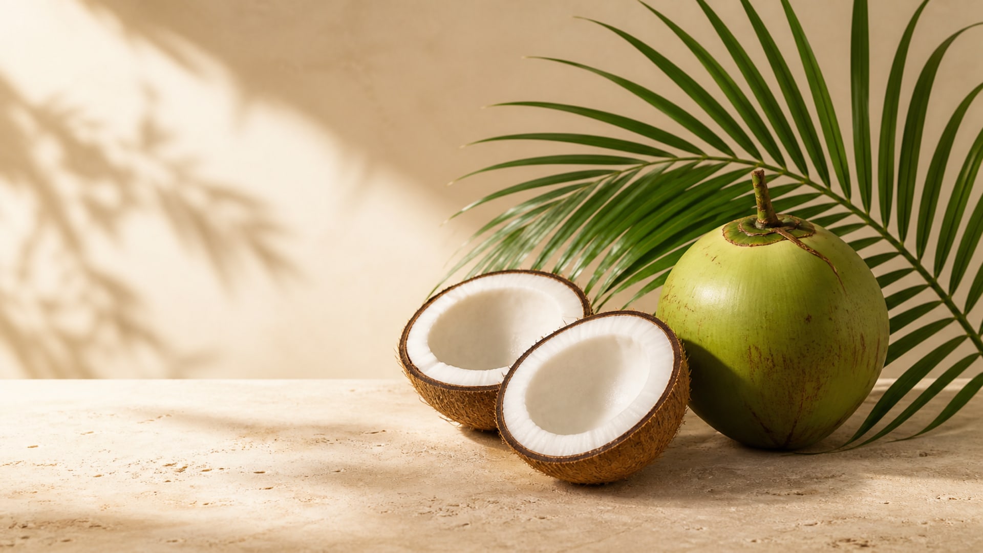 Fresh coconuts and palm leaves on warm travertine