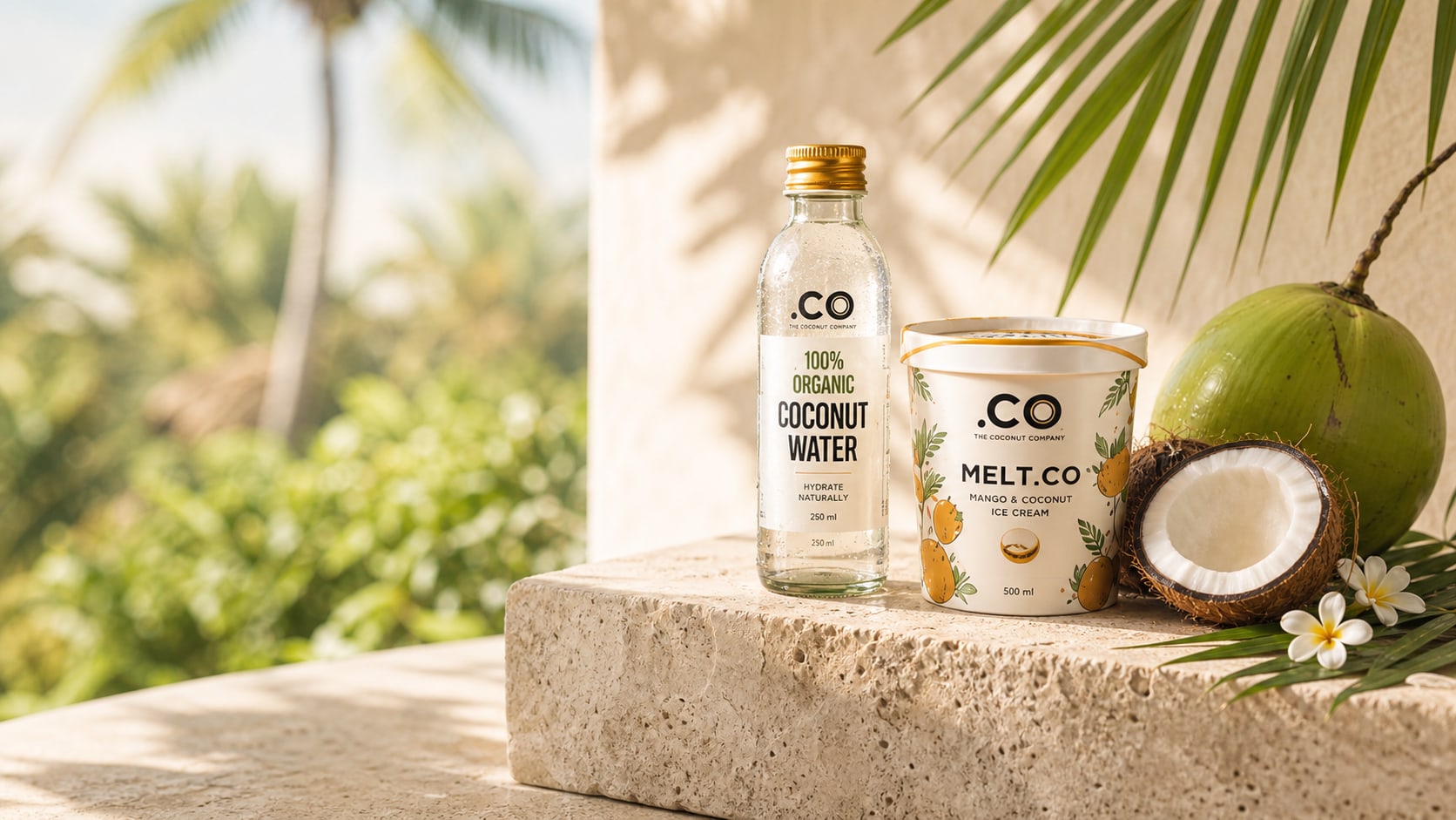 .CO coconut water and Melt.CO with fresh coconuts in Kerala
