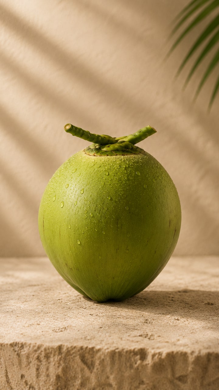 A fresh green coconut resolving into a .CO organic coconut water bottle